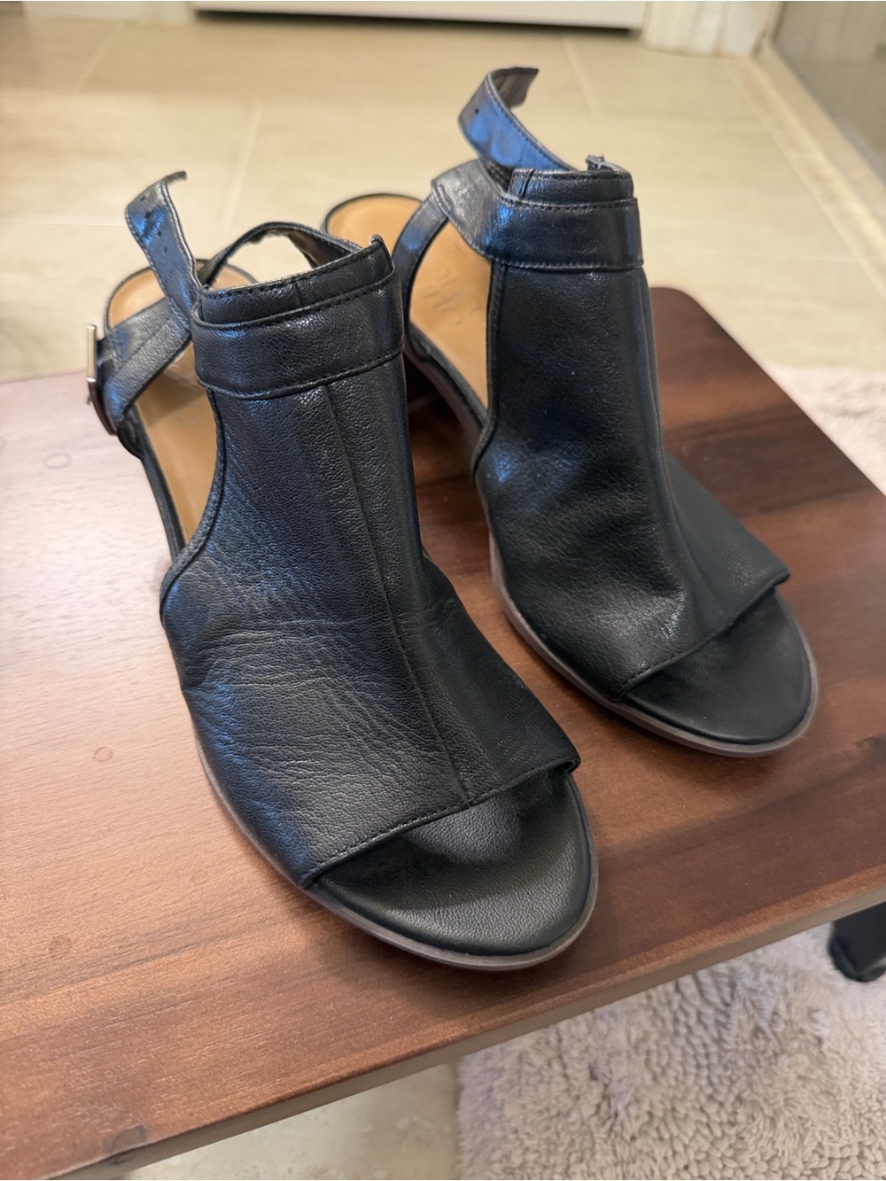 Franco Sarto Black Leather Peep-Toe Slingback Sandals